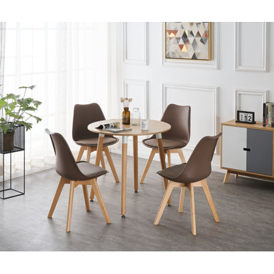 Sade 4 Person Dining Set - a Round Plastic Dining Table with Wooden Legs and a Set of 4 Faux Leather Cushion Padded Dining Chairs for Dining Room - Modern Dining Table Set