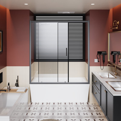 60 In. W X 62 In. H Single Sliding Shower Door For Bathtub, Clear Tempered Glass, Black Finish | Gift Idea