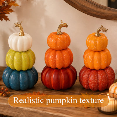 3‑Pack 3‑Tier Stacked Faux Halloween Pumpkins, Foam Fall Porch Decor, Assorted Multi‑Color Autumn Porch Ornaments, Indoor Outdoor Fall Decor for Tabletop Mantel Entryway Seasonal Home Decoration