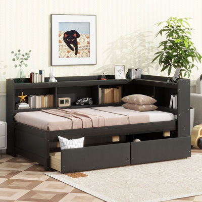 2 Drawer Solid Wood Bookcase Bed with Power Outlets and USB Charging Ports