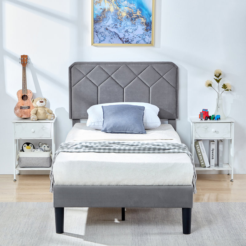 Aldora (Set of 2) Gray Twin Size Upholstered Platform Bed Frame with Adjustable Headboard, No Box Spring Needed, Gray