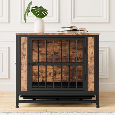 Cage pour animaux de compagnie noir et brun avec pattes réglables en hauteur et tiroir à déjections amovible. Niche rustique pour petit chien avec coussin moelleux. Entretien facile.