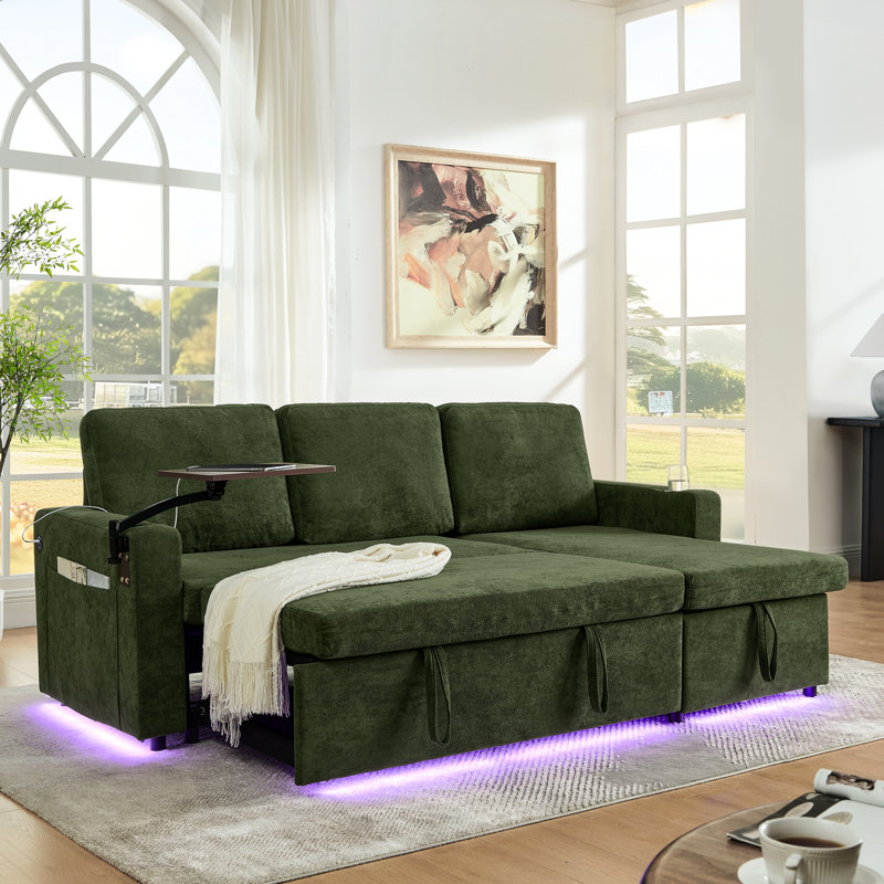 Lit en chenille à 3 places avec fonction escamotable, éclairage à DEL, charge et accoudoir porte-gobelet pour lit de télévision, charge d'appoint, supports intégrés pour rangement et espace de vie organisé