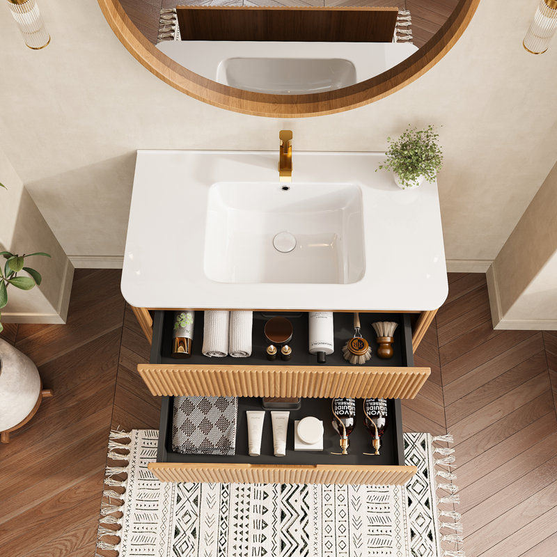 Meuble-lavabo flottant mural avec plateau entièrement assemblé, L 36 po x H 20,4 po x P 18 po, Chêne clair