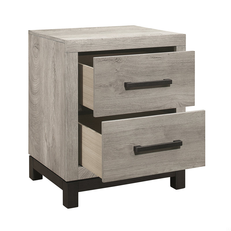 1pc Nightstand of 2x Drawers Metal Bar Hardware Premium Melamine Board Wooden Bedroom Furniture, Light Gray