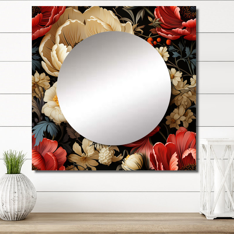 Rouge et beige élégant champ de coquelicots - art mural miroir floral carré pour la salle de bain, 36 po x 36 po