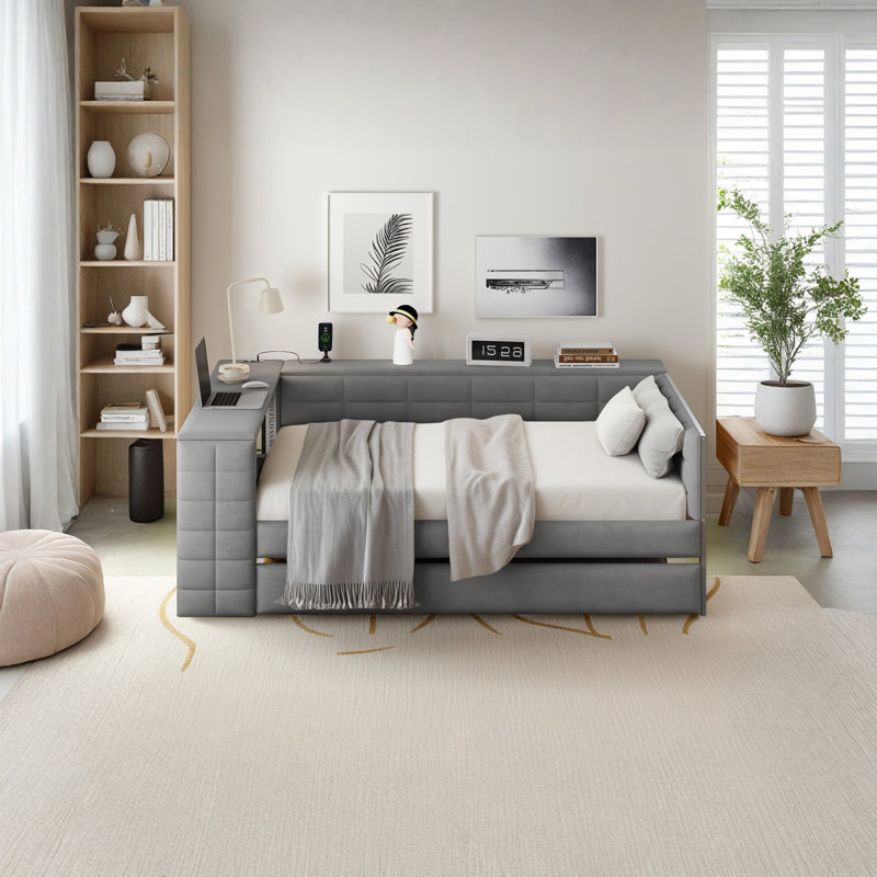 Upholstered Platform Bed With Trundle, Integrated Desk And Storage Shelve, Gray