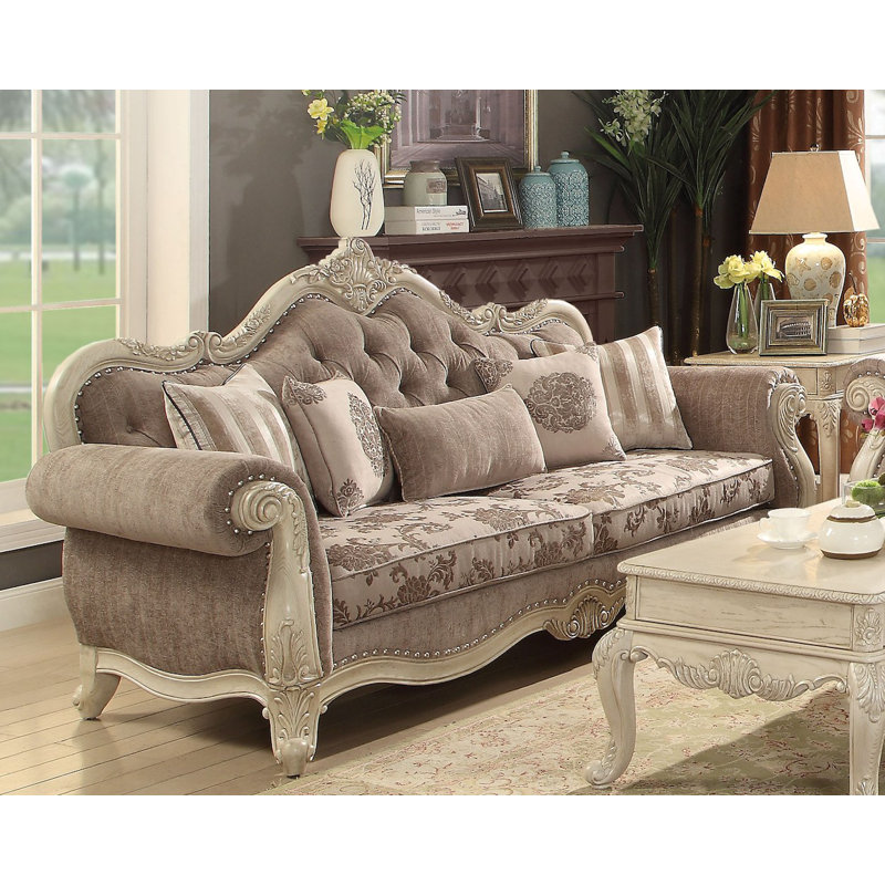 Cha Transitional Tufted Rolled Armrest Sofa with 5 Pillows and Floral Pattern, Antique White, Grey Polyester