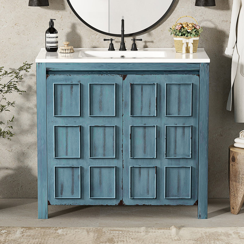 Bathroom Vanity With Ceramic Sink, 2 Door Bathroom Storage Cabinet, Retro Blue