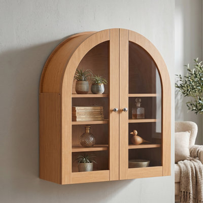 Floating Wall Mounted Cabinet 3-Tier Arched Storage Cabinet with Adjustable Shelves, Oak