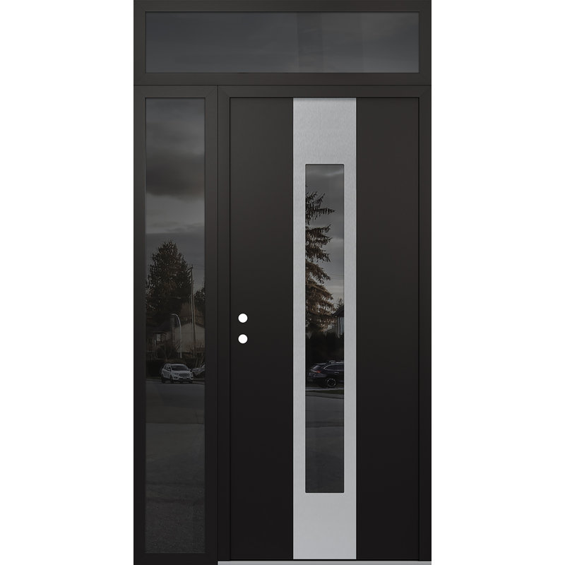 Porte d'entrée avant à panneau en acier argenté avec panneau latéral droit Diamond A., L 48 po x H 96 po, Noir, Miroitant