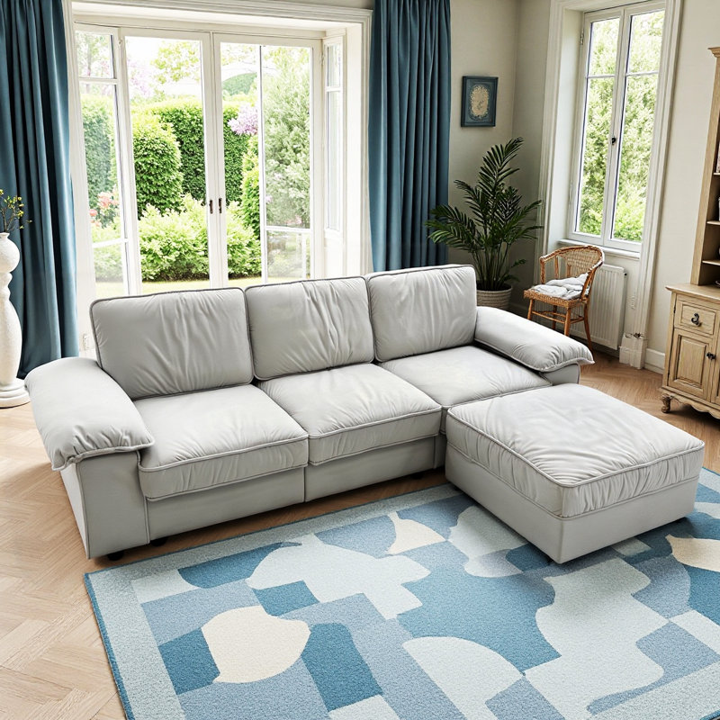Upholstered L-Shaped Sectional Sofa, Cream White Velvet
