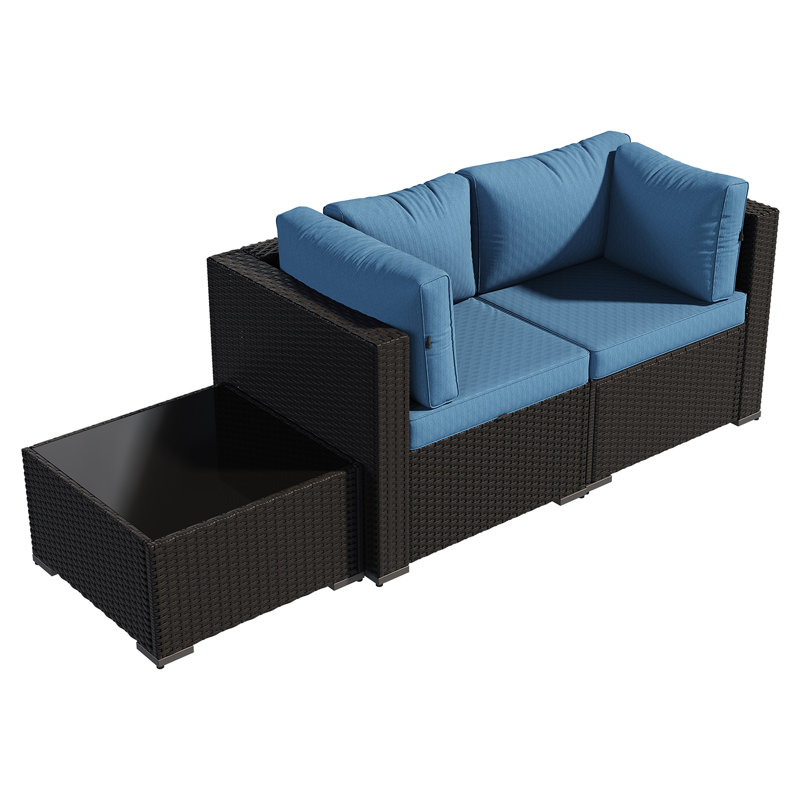 3 -Person Rattan Patio Safo With Cushions, Blue, Black