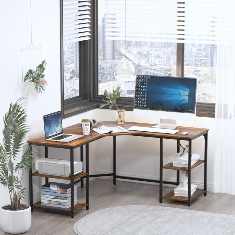 56.9" L Shaped Desk with Shelves Corner Computer Desk Large Table, Teak/Black
