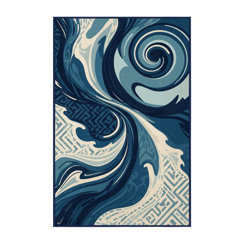 Machine Washable Orys Coastal Abstract Rug in Blue – Navy Binding, 2 x 3