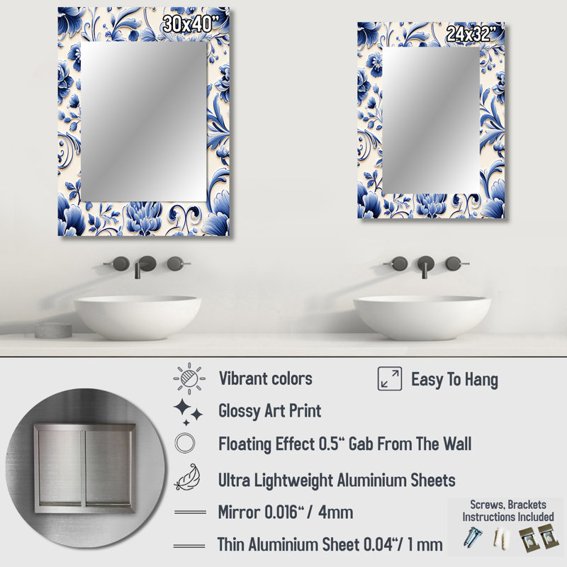 «Lassiter» bleu cobalt Renaissance motif victorien - miroir mural décoratif floral, grand miroir floral, art imprimé en métal
