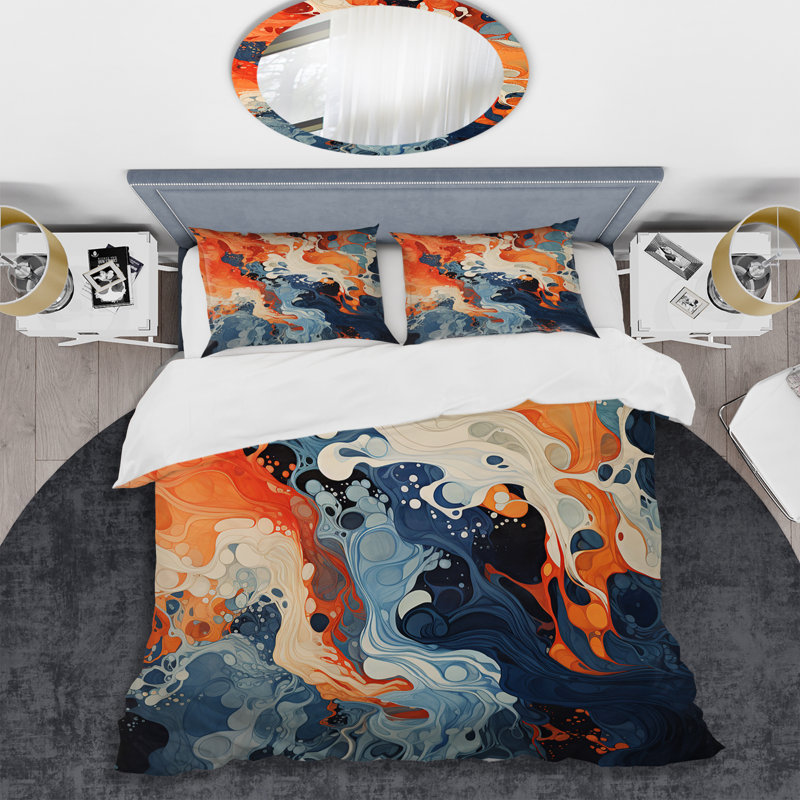Ensemble de housse de couette peinture abstraite bleue et orange à encre liquide II