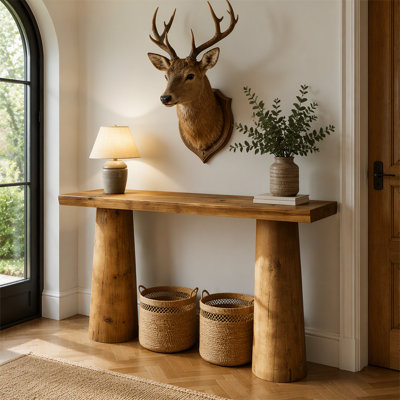 Console de style champêtre en bois massif de 85,6 cm de hauteur, pieds cylindriques, table d'appoint pour entrée ou hall d'entrée.