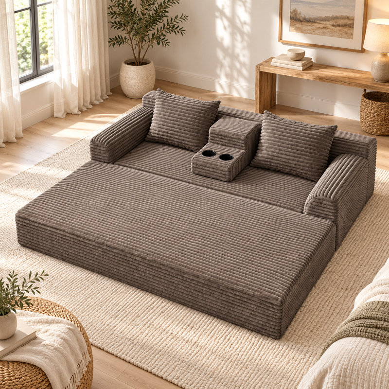 Canapé-lit de plancher convertible en velours côtelé de 72 po de large Orelvansique avec console porte-gobelet amovible et 2 coussins décoratifs