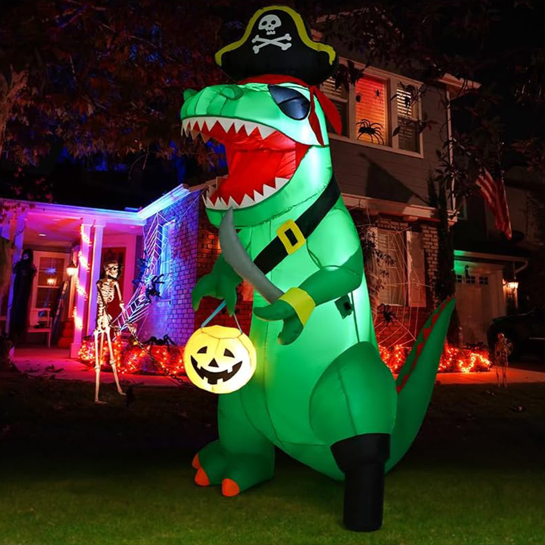 Halloween Inflatables 7 FT Tall Halloween Dinosaur Inflatable Blow Up Pirate Dino with LED Lights The Holiday Aisle®