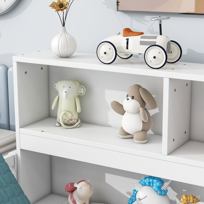 Lit blanc à plancher double avec bibliothèque et tablettes, garde-corps pour une protection confortable dans la chambre à coucher, bois de pin pratique pour le coucher