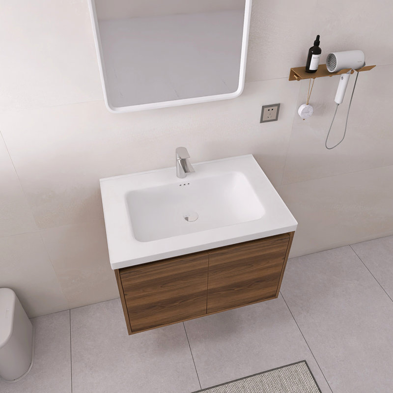 28" Floating Bathroom Vanity with Sink | Wall-Mounted Wood Cabinet, Soft-Close Storage & Ceramic Top, Brown Walnut, 28"