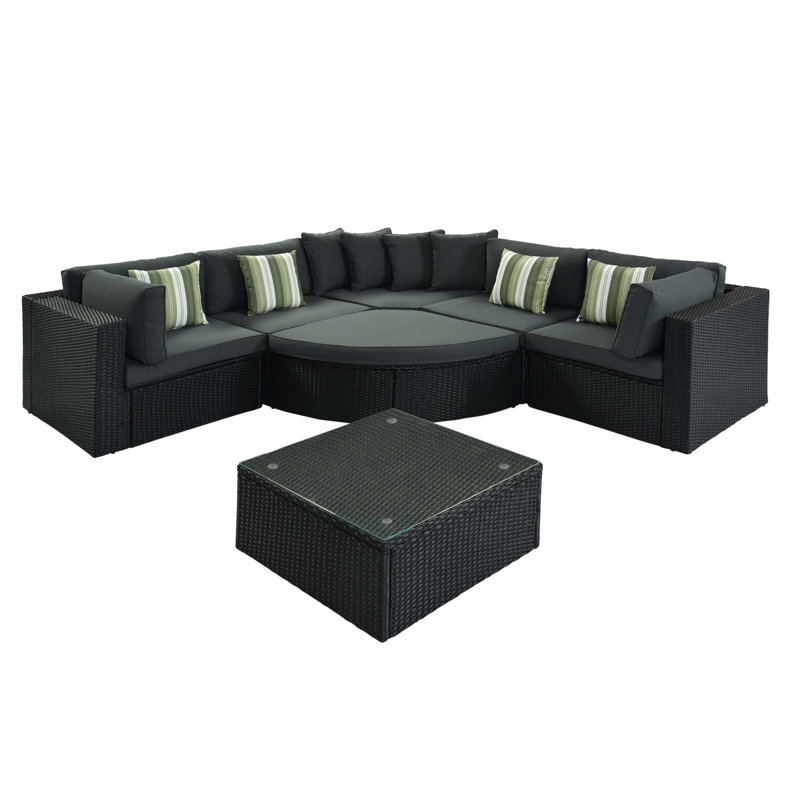 Ensemble de conversation en osier / rotin pour 6 personnes avec coussins Tullahoma, Duplicata gris, Noir