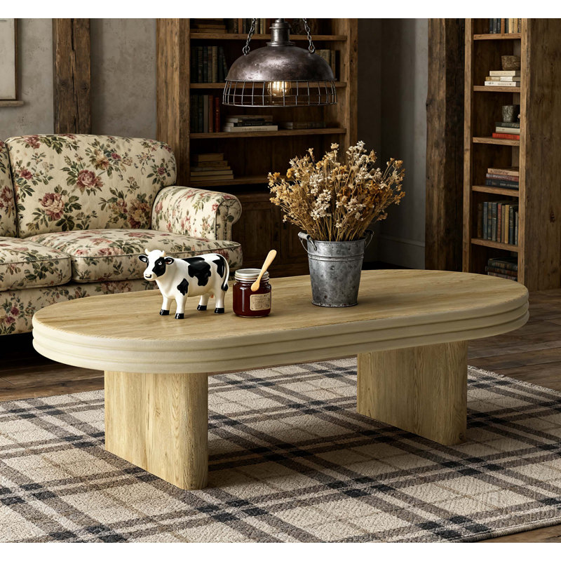Mid Century Modern Oval Fluted Coffee Table, Farmhouse Wood Design for Living Room and Office Decor, Natural Finish, Natural