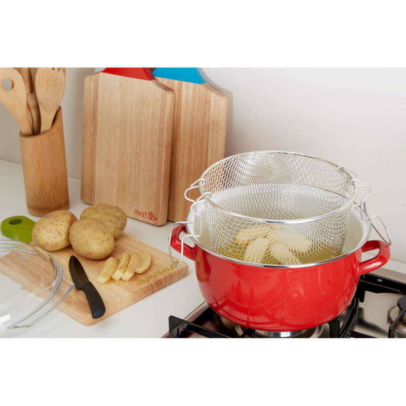 Symple Stuff Enamel on Steel Deep Fat Fryer with Glass Pyrex Lid, Red