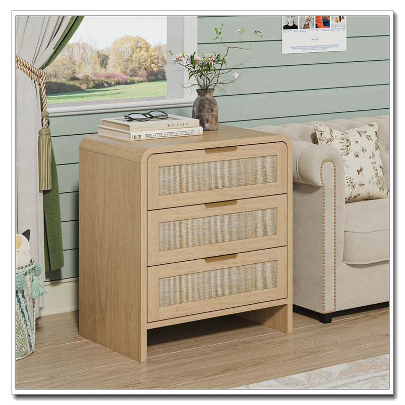 Rattan Nightstand with Charging Station, Caramel, 1