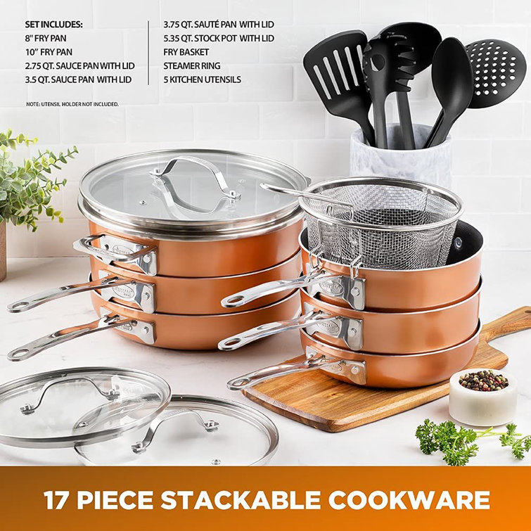  Gotham Steel Stackmaster Pots & Pans Set, Space Saving 15  Piece Stackable Nonstick Cookware Set, Includes Frying Pans, Skillets,  Saucepans Stock Pots + 5 Utensils