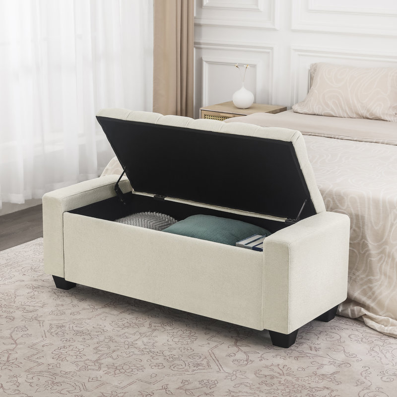 49-Inch Storage Upholstered Storage Ottoman Bench, Ivory