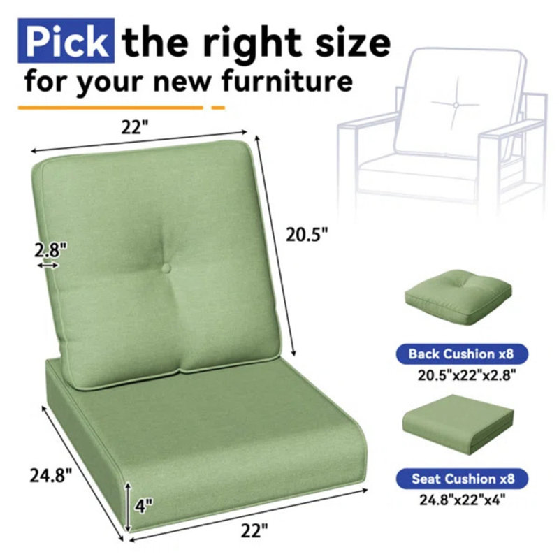 Premium 4" Deep Outdoor Seat Cushion Set – Weather & Fade-Resistant Olefin Fabric, Green, 8