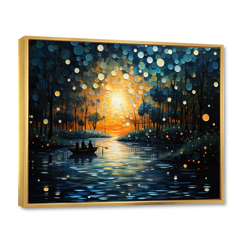 " Pointillism River At Sunrise ", 24" H x 32" W x 1" D, Gold Floater Framed