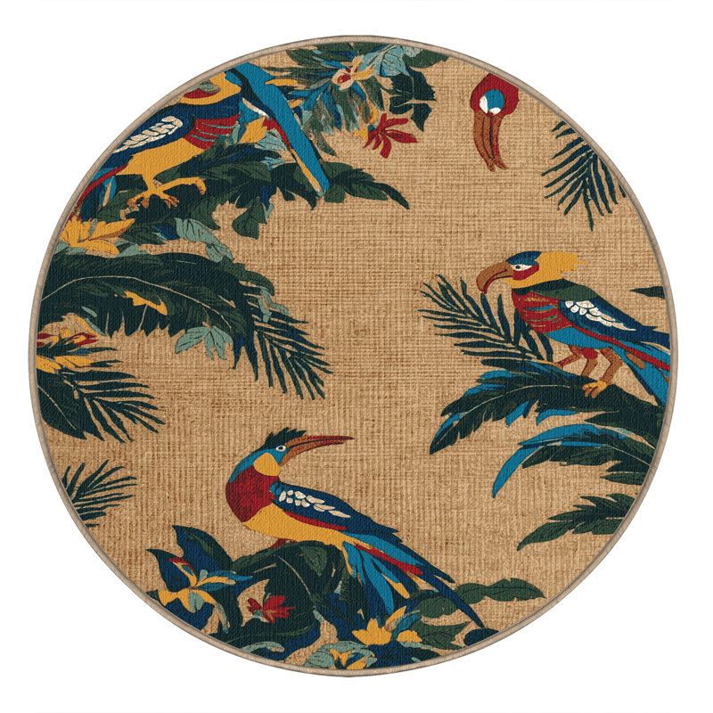  Washable Paradise Birds Hawaiian Area Rug, Rond 4 pi