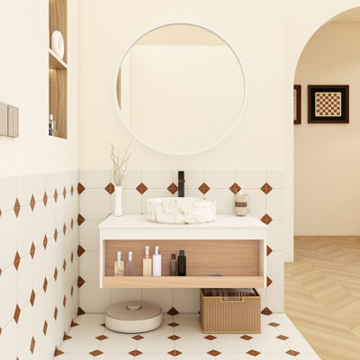 Floating Bathroom Vanity with Vein Marble Vessel Sink, Wall-Mounted Vanity with Open Shelf Storage, with Wood Accent, Space-Saving Modern Design