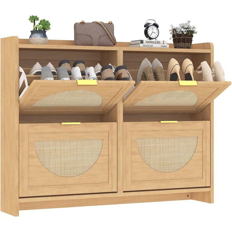 Rattan Wooden Shoe Storage Cabinet with 4 Flip Drawers & Adjustable Shelves, Slim Entryway Organizer for Hallway, Foyer, Bedroom