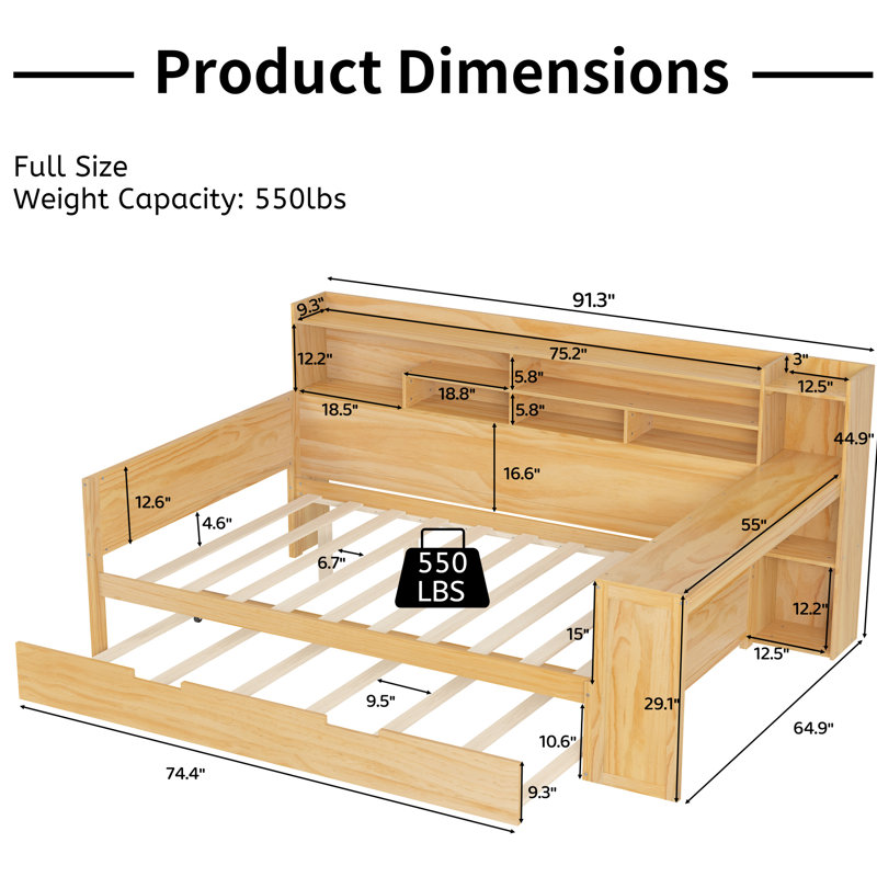 Wooden Daybed With Trundle And Practical Desk Layout Storage Study - Quality Wood Construction, Natural, Full