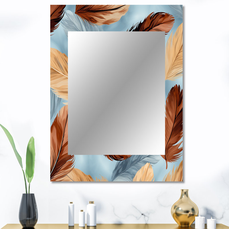 Retro Boho Feathers In Blue And Orange II - Feathers Wall Mirror, Brown Decorative Mirror, Printed Metal Art, 40" x 30"