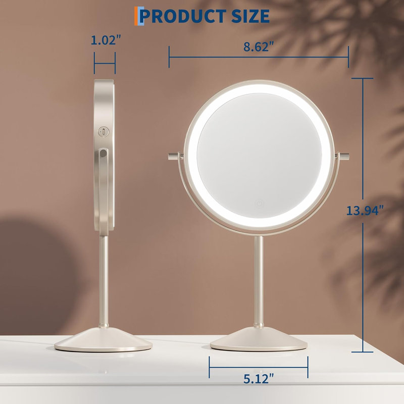 Lighted Makeup Mirror with 10X Magnification, 360° Rotatable Dual-Sided Vanity Mirror, USB Rechargeable with 3 Color Lighting