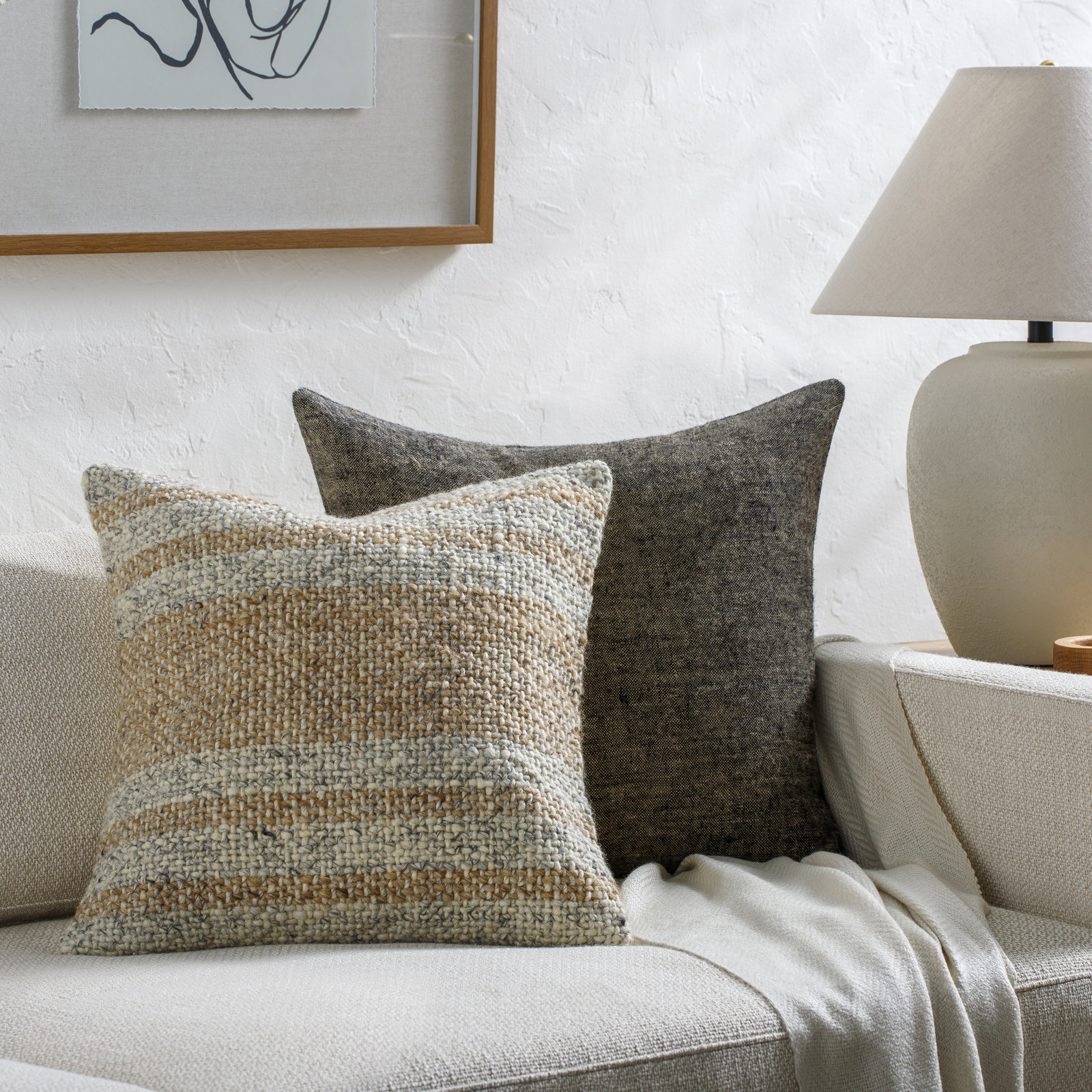 Serephine Striped Wool/Cotton Pillow Cover, 20"H x 20"W, Pillow Cover Only - No Insert, Khaki/Beige