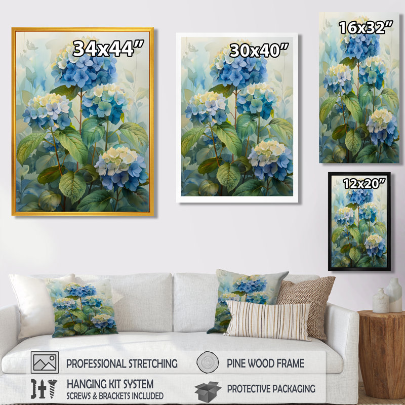 Bleu et vert jardin fleuri hortensia II - hortensia art mural, H 24 po x l 32 po, Cadre flottant doré