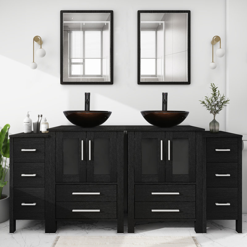 Ensemble de meuble-lavabo double 72 po avec lavabo vasque, robinet et drain Aidin, Noir, Noir