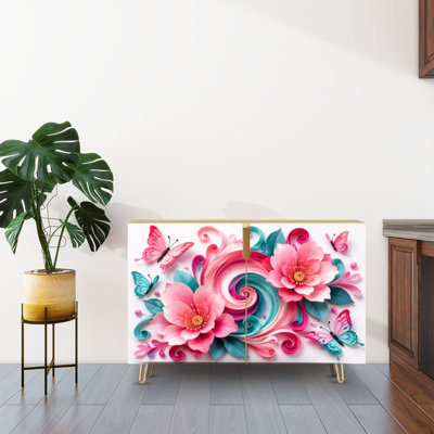 Buffet avec rangement et tourbillon floral avec fleurs de cerisier roses et papillons colorés avec 2 portes pour le salon et la cuisine