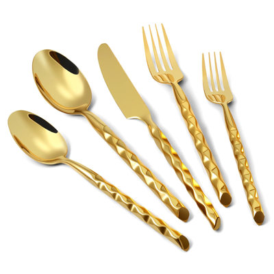 Stainless Steel 18/10 Gold Silverware Set - 20 Piece Flatware Set with Twisted Handle, Mirror Finish Cutlery Set Service for 4, Dishwasher Safe