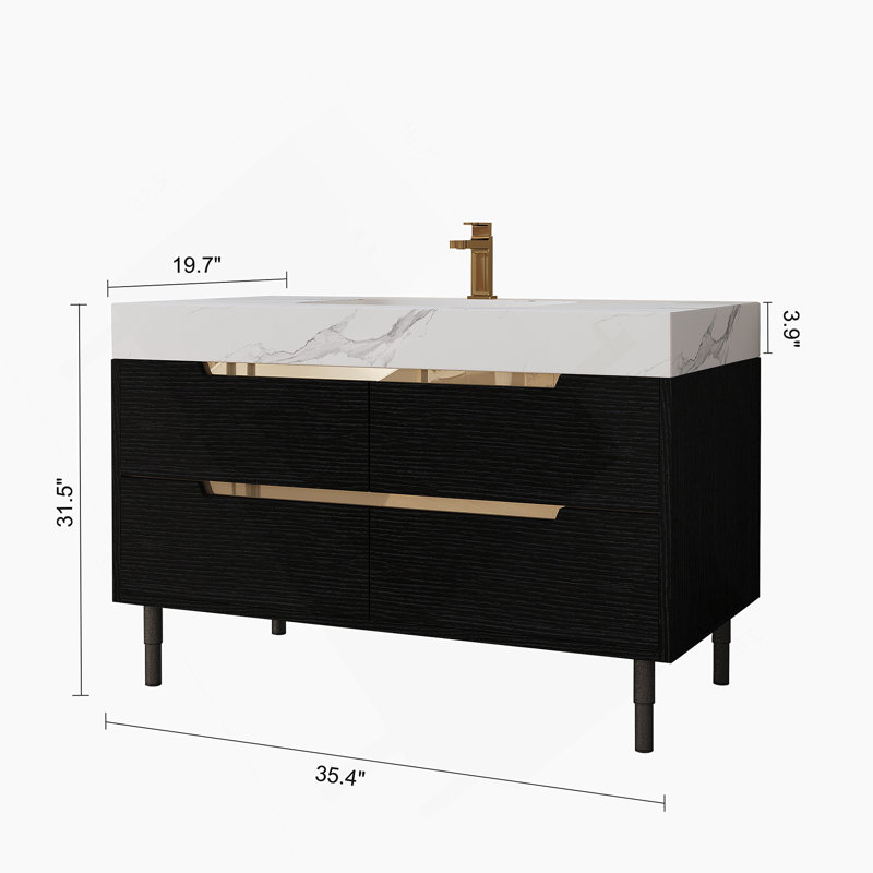 Meuble-lavabo moderne de 35,4 po avec lavabo sous comptoir, plateau en pierre frittée, bois massif multicouche imperméable, rangement à 4 tiroirs, autoportant / mural