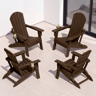 Set of 4 Folding Adirondack Chairs, Wood Texture, Cup Holder, All-Weather HDPE