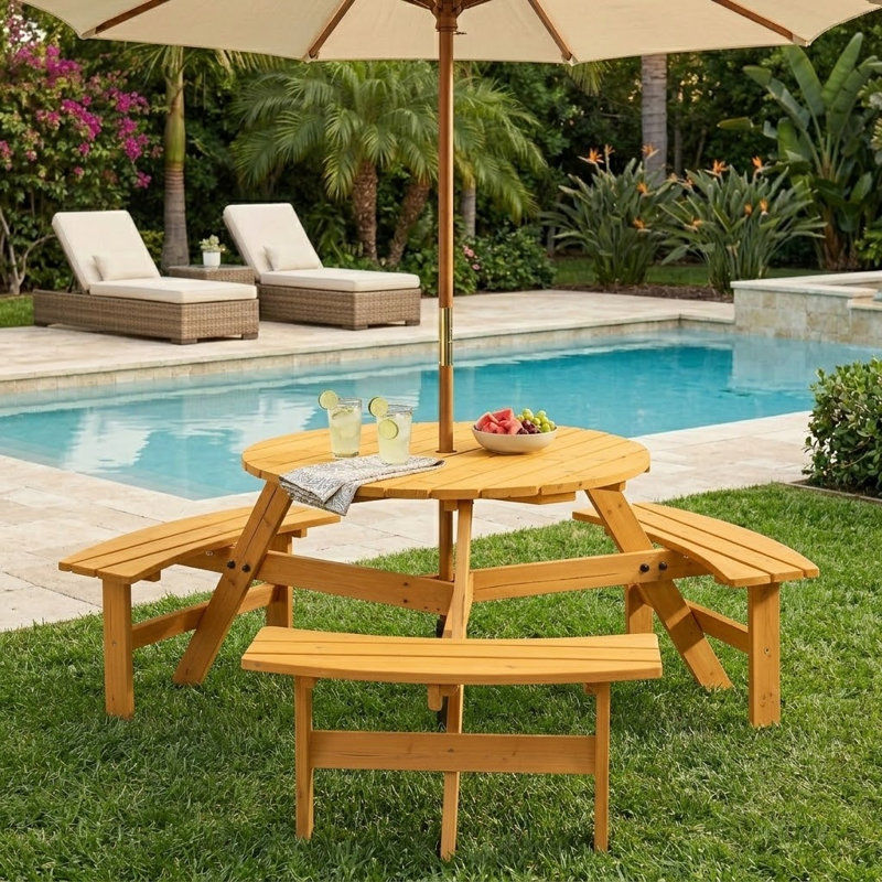 Anamur 66.9'' Outdoor Picnic Table with 3 Integrated Benches, Round Outdoor Table with Umbrella Hole, Natural