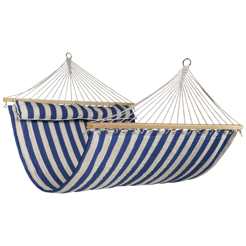 Striped Macrame Quilted Two Person Double Hammock With Pillow - 9' X 55" - Blue And Cream