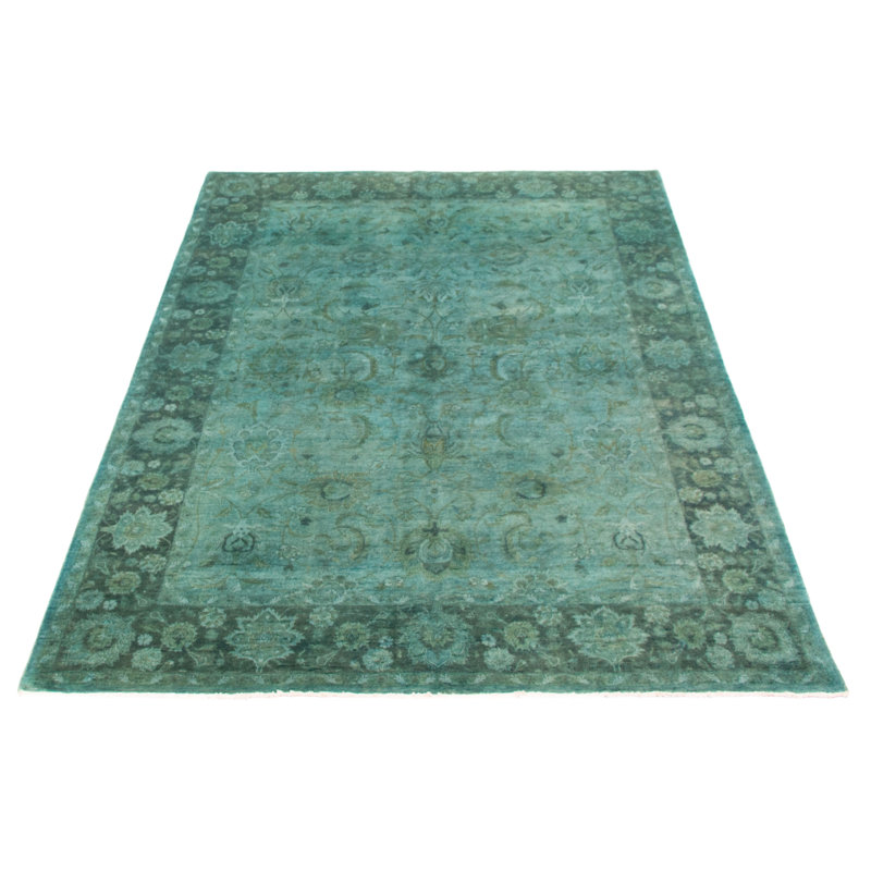 Tapis cyan en laine noué à la main de conception unique 6 pi 1 po x 8 pi 11 po
